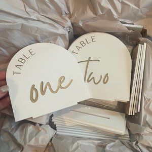 Acrylic Wedding Table Numbers 1 -12, White & Gold with Base